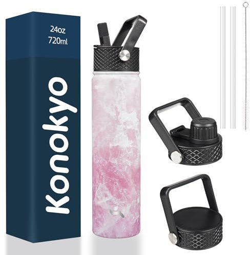 Konokyo Insulated Water Bottle with Straw,24oz 3 Lids Metal Bottles Stainless Steel Water Flask,Marble Blossom