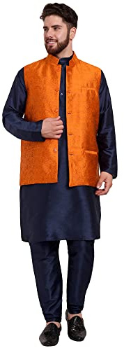 SKAVIJ herr indisk traditionell dupion siden Kurta pyjamas Nehru jacka (väst) set, Blå orange, M