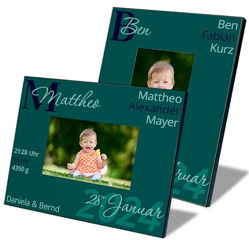 True Statements Bilderrahmen für Fotos 10x15 cm personalisiert mit Namen, Geburtsdaten & Eltern – Fotorahmen Baby Mädchen Jungen – Geschenk Geburt Taufe Geburtstag (Petrol, Hochformat)