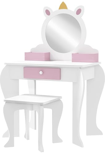 ZONEKIZ Coiffeuse pour enfants avec miroir et tabouret, tiroir, boîtes de rangement, motif licorne, pour les tout-petits de 3 à 6 ans – Blanc et rose