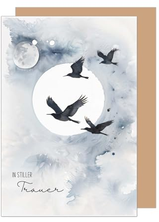 Edition Seidel Biglietto di condoglianze con busta, biglietto di condoglianze, biglietto di condoglianze, in silenzio tristezza addio ultimo saluto, corvi luna cielo acquerello (T1175 SW024)