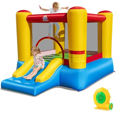COSTWAY Kids Bouncy Castle, Inflatable Bounce House with Slide, Basketball Hoop, Carrying Bag and Repair Kit, Children Blow Up Jumper for Indoor Outdoor (Basic with 550W Blower)
