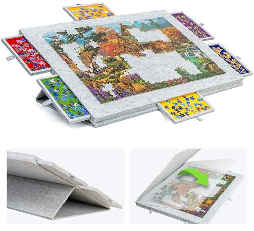 Lavievert 1500 Teile geneigtes Puzzlebrett mit 2-in-1 Design Ständer und Abdeckung und 6 Schubladen leichte Puzzle-Plattform, tragbarer Puzzletisch für Erwachsene mit Filz-Puzzle-Schutz - Hellgrau