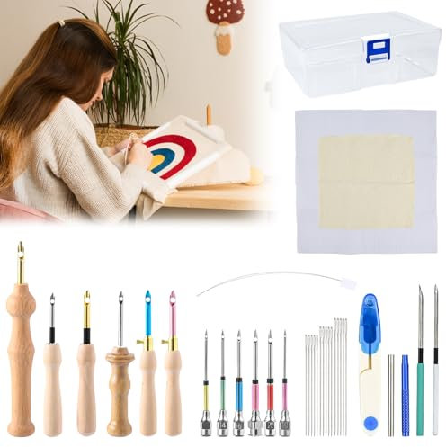 YBCCBY Kits Aiguille de Piquage, Outil d'Aiguille de Poinçonnage Réglable 35 Pièces Aiguilles de Poinçon à Manche en Bois Stylos à Broder à Manches en Bois Punch Needle avec Manches en Boi