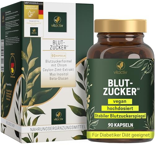 VITACTIV Blutzucker Kapseln - 90 Stück - Blutzuckerformel mit Chrom, Ceylon Zimt Extrakt, Myo Inositol, Beta Glucan, Olivenblatt Extrakt & Zink - Hochdosiert, Vegan, Laborgeprüft in Deutschland