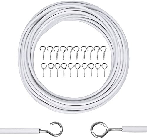 Cuerda de Cortina 10M Blanco, Cable de Alambre para Cortinas Cuerda Colgante con 20 Ganchos, Kit para Colgar Cortinas, Tende de Ducha, Secado de Ropa, Fácil de Instalar, Ajustable