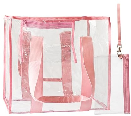 TotePrint Borsa da spiaggia in PVC trasparente con scomparto per cellulare e chiusura lampo, 35 x 30 x 17,5 cm, impermeabile, trasparente, per vacanze al mare sicure (1 pezzo), rosa + borsetta, m