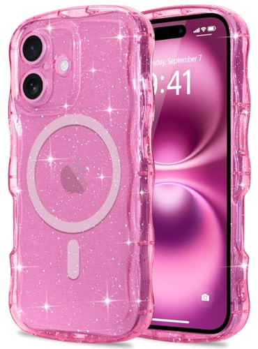 Pepmune Cover Glitter per iPhone 16 Compatibile con Magsafe, Rosso Rosa | Cornice Ondulata Forma Custodia. Brillare Glitter Cover per Donne e Ragazze. Protettiva Sottile Antiurto Case.