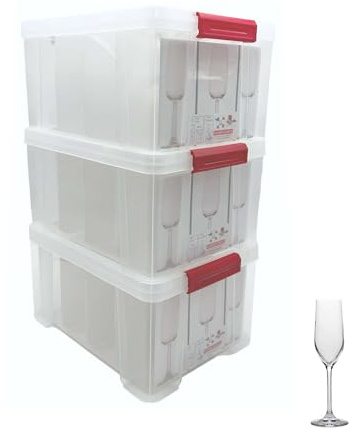 Sundis Champ Store, boîte de rangement pour verres avec couvercle, lot de 3 | Robuste, transparente, capacité 12 verres, diamètre max de 8 cm, hauteur max de 20,5cm, clips de fermeture, superposable
