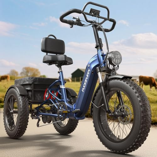 PUCKIPUPPY Electric Tricycle for Adults, Full Suspension & Reverse Gear 960W Peak Electric Trike Max 55 Miles-Blue