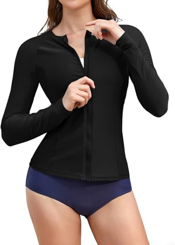 SHEKINI Camiseta de protección para mujer, manga larga, UPF 50+, chaleco con cremallera, protección UV, para natación deportiva, Negro, XXL