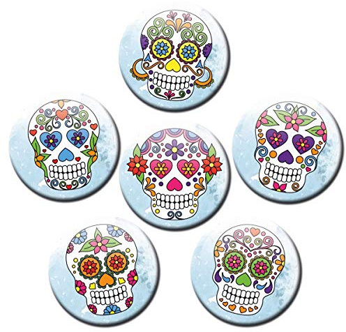 Kühlschrankmagnete Totenkopf Sugar Skull 6er Blumen Deko Geschenk Set Magnete lustig für Frauen Kinder stark groß 50mm rund Bunt