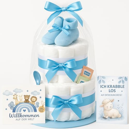 Gâteau de couches pour garçon - 2 étages - Bleu - Avec chaussettes de bébé - Cadeaux de naissance pour la mère, baptême ou fête prénatale - Idée cadeau avec couches nouveau-nés - Carte de vœux incluse