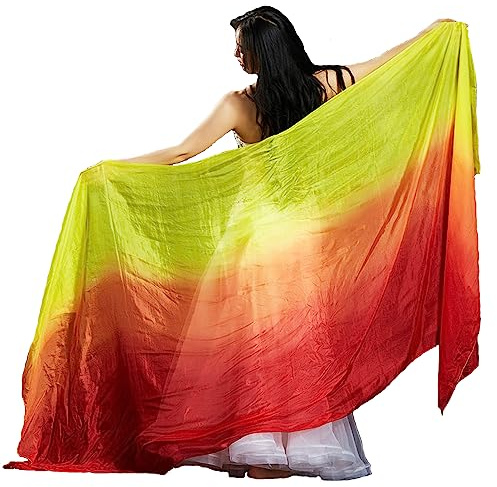 Leemiman Velo di seta per danza del ventre, da donna, lungo 2,5 m, fatto a mano, Rosso Arancione Giallo, Taglia unica