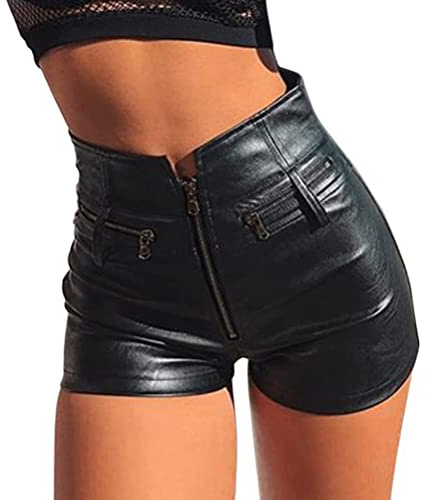 ORANDESIGNE Mujer Pantalones Cortos de Cuero de Imitación Brillante Cintura Alta Push Up Shorts con Apariencia de Cuero PU Pantalones de Piel Sintética Hotpants I Negro M