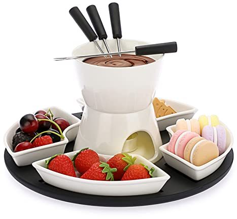 BSTKEY 300ML Ceramic Butter Warmer Set with Wooden Pallet, Fondue Pot Melting Pot Set, Melt Hot Pot Bowl Set For Cheese Chocolate Butter Caramel, with 4 Forks and 4 Dishes