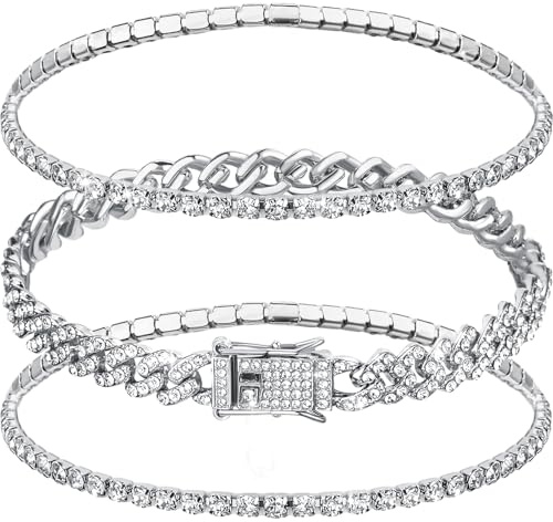 Sureio 3 Pcs Anklets Bracelet for Women Adjustable Diamond Tennis Cuban Style Link Anklets for Women Wedding Fashion Gifts(10 Inch,Silver)