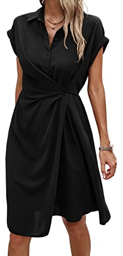 ECOWISH Womens Casual Midi Dresses Solid V Neck Short Sleeve Button Shirt Belted Dress with Pockets for Spring Summer 2026 D-Black L