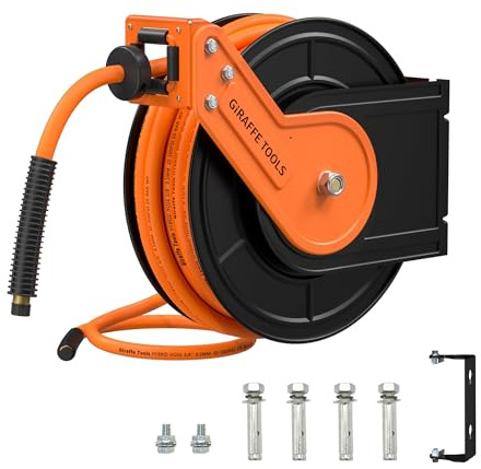 Giraffe Tools Retractable Air Hose Reel 15M, Heavy Duty 3/8 Air Line with 1/4 Quick Connect, Max 300 PSI for Air Tools, Garage, Workshop