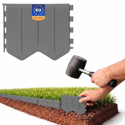 GARDENIX Easy to Install Lawn Edging Grey Plastic 10.3 m / 33.8 ft - Flower Bed Edging Without Digging - Flower Bed Border Plastic Made of Recycled Material - Flexible and Durable, Made in the EU