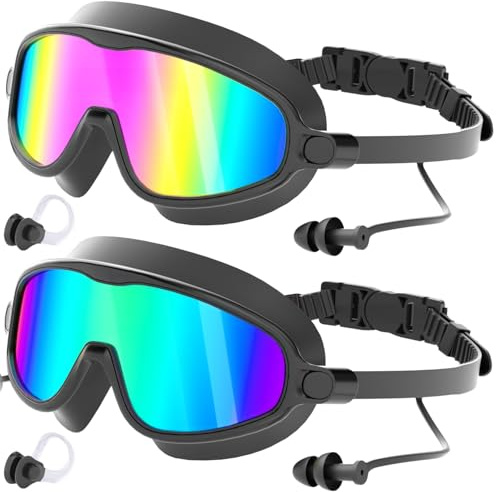 COOLOO Swimming Goggles 2 Pack, Wide View No Leaking Swim Goggles with Earplugs, Anti-fog & Anti-UV Adult Goggles for Men Women Youth