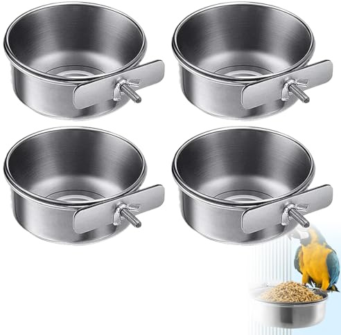 Bird Cage Feeder,Crate Water Bowl,Bird Water Dispenser,Removable Stainless Steel Feeding Bowl with Clip,Pet Hanging Feeder,Animal Cage Accessories,Stainless Steel Parrot Feeding Cups 4 Pack Oyiclyea