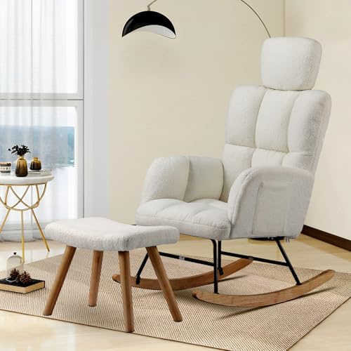 COMHOMA Rocking Chair with Footstool, Teddy Nursing Chair with High Backrest, Height Adjustable Comfy Reading Armchairs for Adults for Living Room, Bedrooms, Balcony