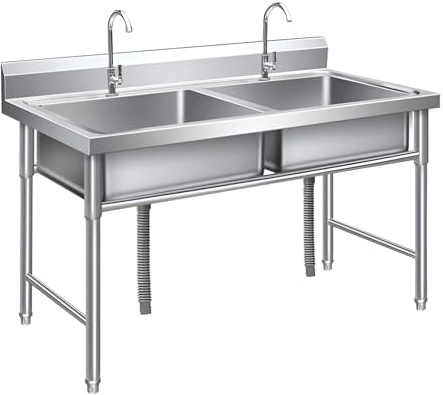 Lavello da Cucina Autoportante, Acciaio Inox, Doppia Vasca, Lavandino con 2 Rubinetti, Per Garage, Ristorante, Cucina, Campeggio, Cortile(100x50x80cm(39.4x20x31.5in))