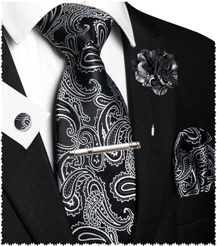 JEMYGINS Paisley Stickerei Design Krawatte Set Herren Einstecktuch Krawattenklammer Manschettenknöpfe Ansteckblume für Hochzeit Party Business Mehrfarbig
