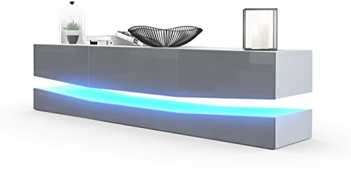 Vladon Lowboard City, Made in Germany, TV-Kommode mit Sockelelement, 1 offenem Fach und 3 Schubkästen, Weiß matt/Grau Hochglanz, inkl. LED-Beleuchtung (178 x variabel x 39 cm)