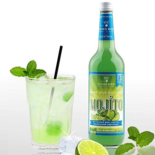 Flying Bird Mojito für 12 Cocktails fertig gemixt | 0,7l Flasche 28% vol mit Rum, Minze, Limette | Mit Sodawasser auf Eis servieren