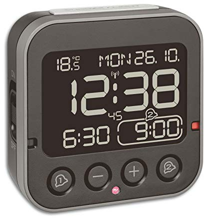 TFA Dostmann Bingo 2.0 digitaler Funk-Wecker, 60.2552.01, invertiertes Display, 2 Weckalarme, Datum + Wochentag, inkl Thermometer, mit Licht, ohne Ticken, Funkuhr, L 95 x B 41 x H 96 mm, schwarz