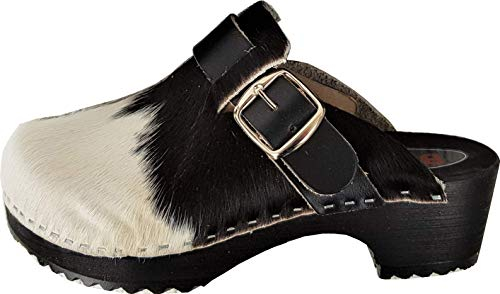 BUXA bei Lusy011 Schweden Holz Clogs - Pantolette Gr.34 Schwarz-Weiss Echt Leder- Kuhfell (1452)