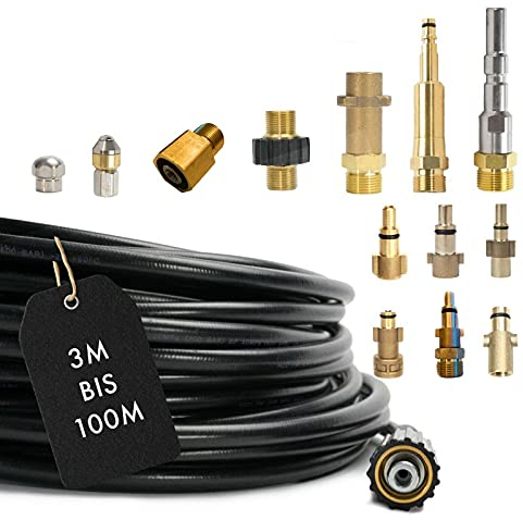Rohrreinigungsschlauch 14-Teilig für Kärcher Kränzle NILFISK ALTO WAP HD HDS Parkside Black & Decker Bosch Lavor KEW Kinzo Anschluss 1/8 AG M22 x 1,5 IG Bajonett KEW Düsen Quick Connect EASY!Lock 3m