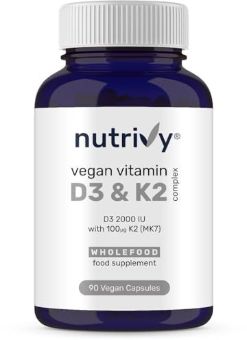 Vegan Vitamin D3 K2 Capsules, 2000 IU, High Strength Vitamin D with 100mcg Vitamin K2 MK7 & MCT Oil, Highly Absorbed, Easy to Swallow, One a Day, Cholecalciferol, 90 Vegan Capsule, Made in UK