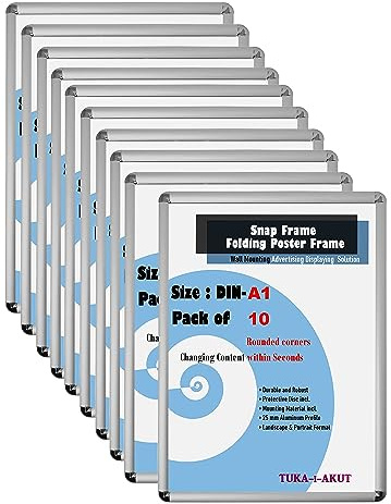 TUKA-i-AKUT 10er Aluminium Klapprahmen A1 | 25 mm Profil | Abgerundete Ecken | Schutzscheibe Befestigungsmaterial | Plakatrahmen Wechselrahmen Schnapprahmen Aufklappbar, Silber Farbe TKD8421-A1-10X