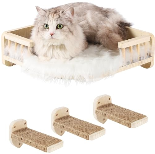 COOLEX Katzenwandregale mit 3 Stufen Kratzbaum, Kletterregal und Hängematte für Indoor Katzen (Holz)