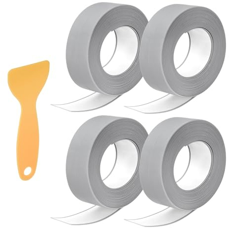 Sourcing Map 4 Rolls Caulk Tape, 0.9 x 10.5Ft PVC Waterproof Self-Adhesive Sealing Tape for Kitchen Bathroom Toilet Sink Floor Corner Edge with Sealing Tool, Gray