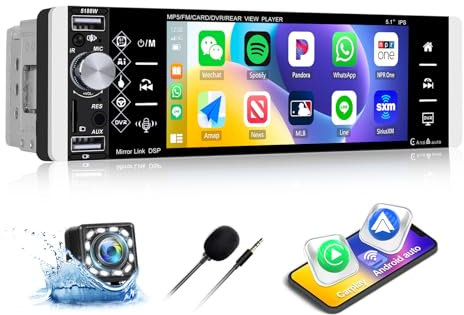 SIXWIN 1 Din Wireless CarPlay Android Auto Autoradio con 5 Pollici Schermo, Stereo Auto Bluetooth Chiamate in Vivavoce con Touch Screen FM USB AUX TF Controllo del Volante Mirror Link+Retrocamera