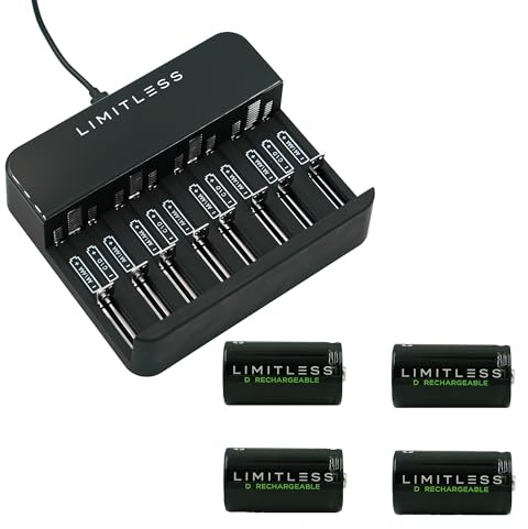 Limitless Rechargeable D Batteries 4-Pack with Charger, Universal 10000mAh NiMH High-Capacity Batteries and 4 Bay Battery Charging System (D)