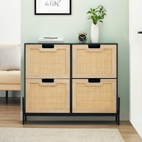 Meuble Chaussure 20 Paires, Armoire Chaussures Entree avec 4 Portes, étagères Réglables, avec Kit Anti-basculement, Meuble Chaussure Rotin pour Entrée/Couloir 100 x 24 x 88 cm