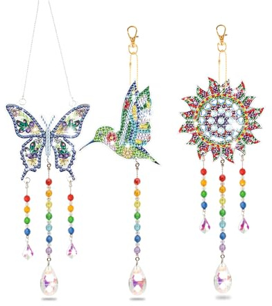 DOETYD Arts and Crafts Kits Diamond Painting Kits Presents Gifts for Girls Boy Age 6 7 8 9 10, DIY 5D Wind Chime Suncatchers Pendant Decorations for Garden Home (3 PCS)