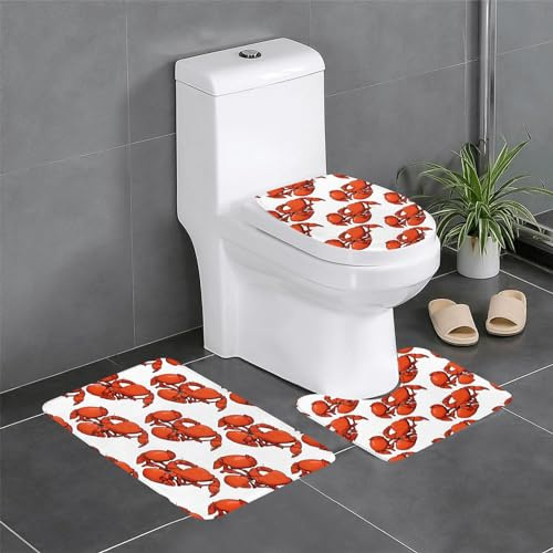 3 Piece Bath Mat Set Red Lobster Printed U Shape Wc Toilet Rug Absorbent With Rubber Backing Contour Mats, For Bedroom, Outdoor, Indoor