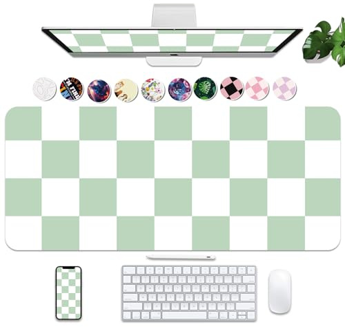 Bleswin Large Checkered Desk Mat, 35.4 x 15.7, PU Leather Mouse Pad Protector, Non-Slip Green Plaid, Waterproof Writing Pad for Office and Home (35.4in*15.7in)