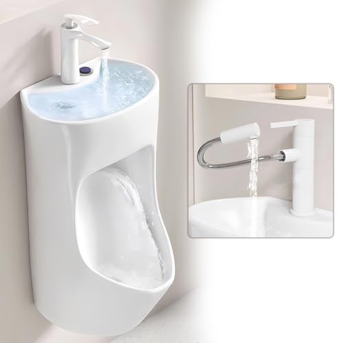 Orinatoio Maschile Adulto Da Parete In Ceramica Moderna Con Rubinetto, Sistema Di Scarico Commerciale, Design Salvaspazio 2 In 1 Con Lavamani Integrato, Adatto A Casa E Hotel