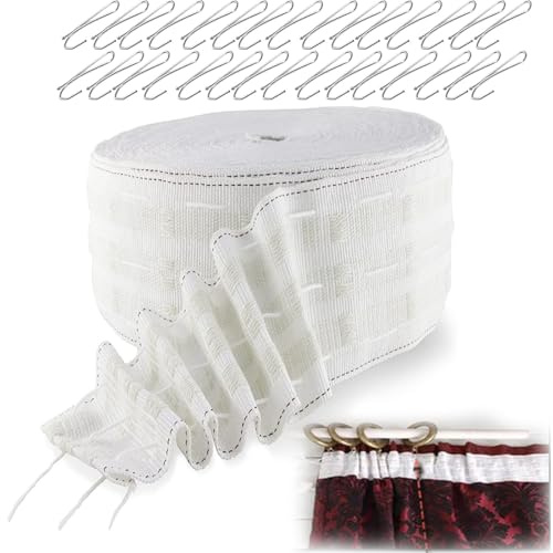 TSWNG Nastro arricciato, 6 m x 8 cm, con 30 ganci, nastro arricciato, per tende da cucire, nastro in tessuto per tende fai da te, bianco