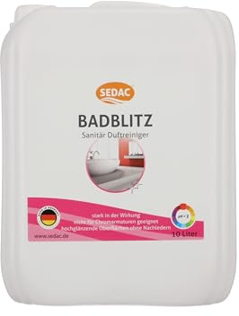 Sedac Badblitz 10L, Badreiniger & Kalkreiniger, Zitronensäure, Putzmittel | WC Reiniger, Entkalker für hochglänzende Oberflächen, Sanitär Duftreiniger, Fliesenreiniger & Duschkabinenreiniger