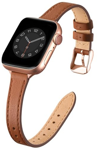 SUNFWR Leather Strap for Apple Watch 42mm(Series 11/10)41mm 40mm 38mm Women | Slim&Thin Genuine Leather iWatch Replacement Elegant Band fits iWatch Series 11 10 9 8 7 6 5 4 3 2 1 SE(Brown&Rosegold)