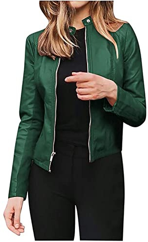 Skinnjacka Dam PU Konstläder Slim Fit Med Dragkedja Biker Jacka Kort Motorcykel Jacka Kort Jacka Övergångsjacka (Color : Green, Size : L)