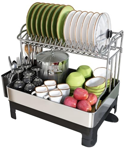 2 Tier Dish Drainer Rack, Large Dish Rack with 360° Swivel Spout, 304 Stainless Steel Dish Drainer Rack, Draining Board Rack for Kitchen Counter with Utensil Holder, Silver